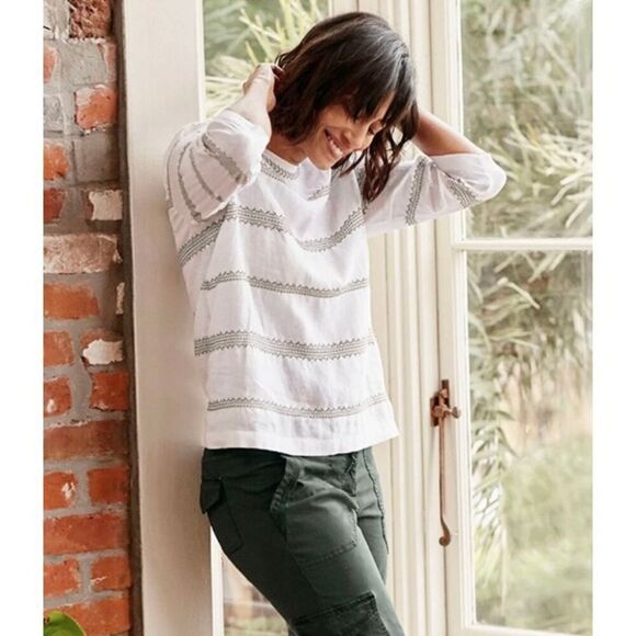 J.Jill Love Linen Embroidered Top size 2X White Green 3/4 sleeves - Picture 1 of 10